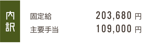 内訳　固定給　203,680円　主要手当　109,000円　夜勤4回含む