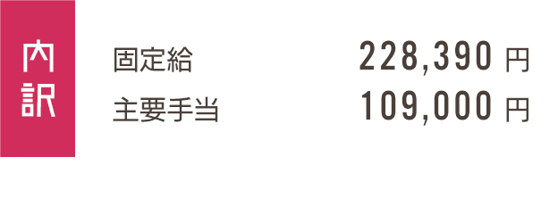 内訳　固定給　228,390円　主要手当　109,000円　夜勤4回含む